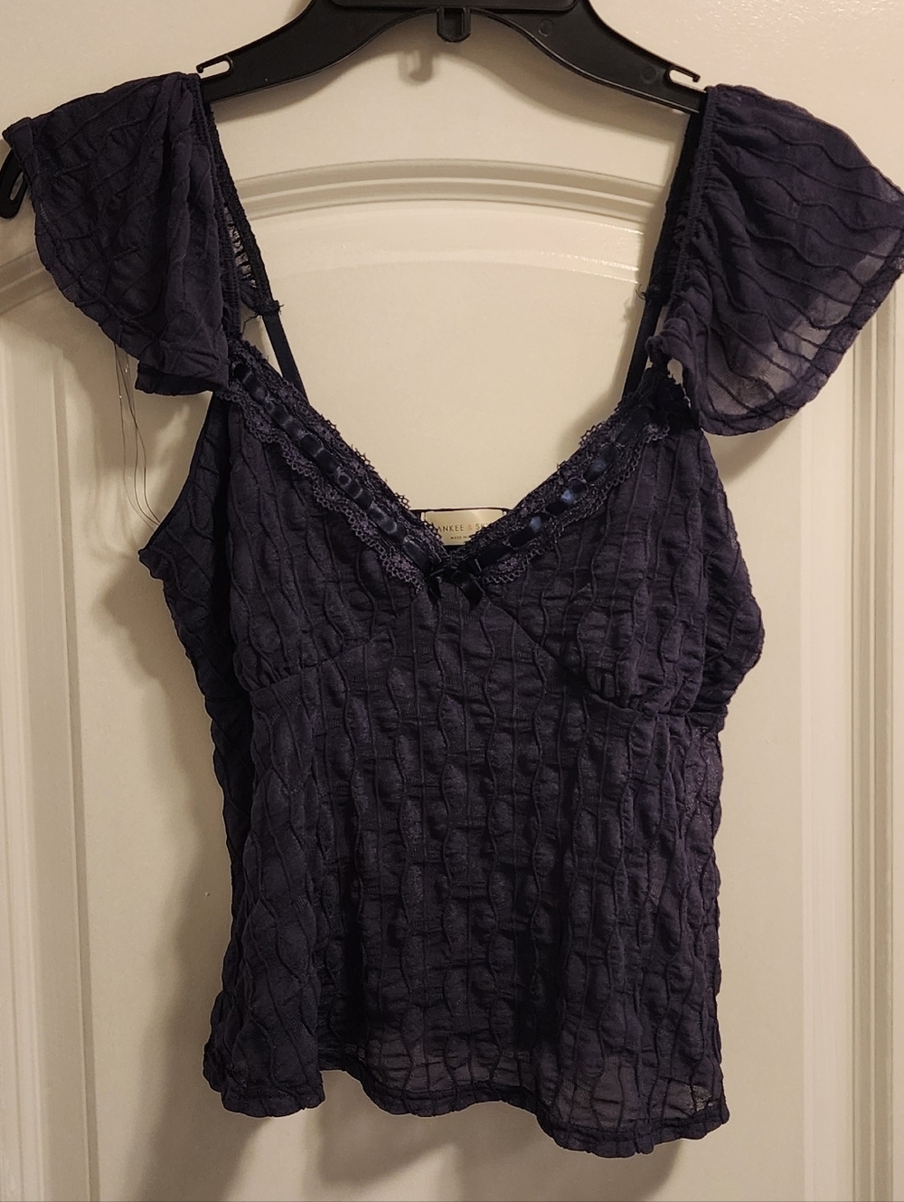Frankee & Skylart Textured Navy V-Neck Crop Top with Fairy Straps Sz M